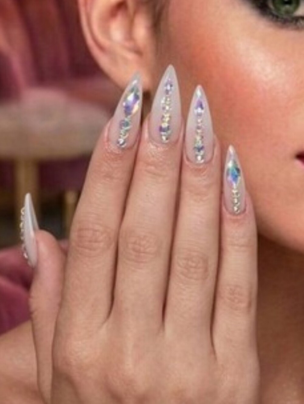 CUSTOM Milky White Rhinestone Stiletto Press-On Nails Set with Complete Prep Kit